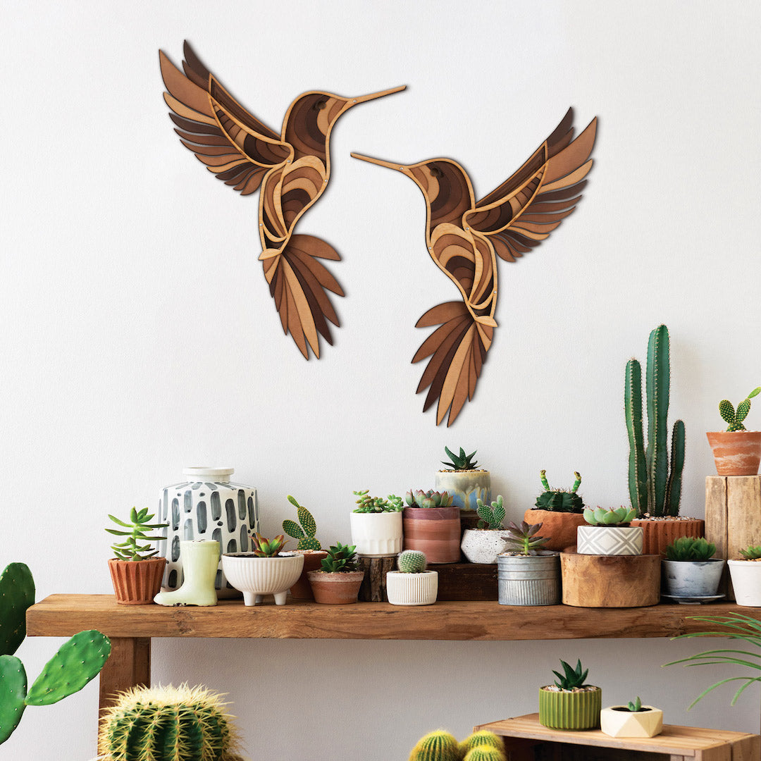 Cuadro decorativo pareja de colibríes de madera para pared, casa, hogar, oficina